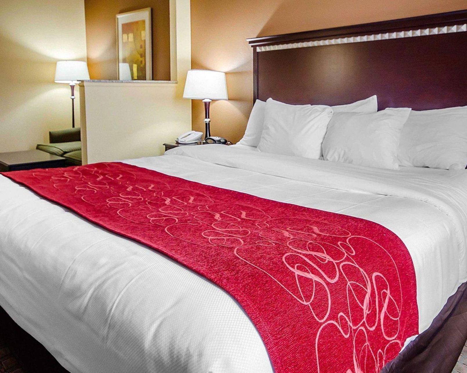 Premium bedding, desk, laptop workspace, iron/ironing board