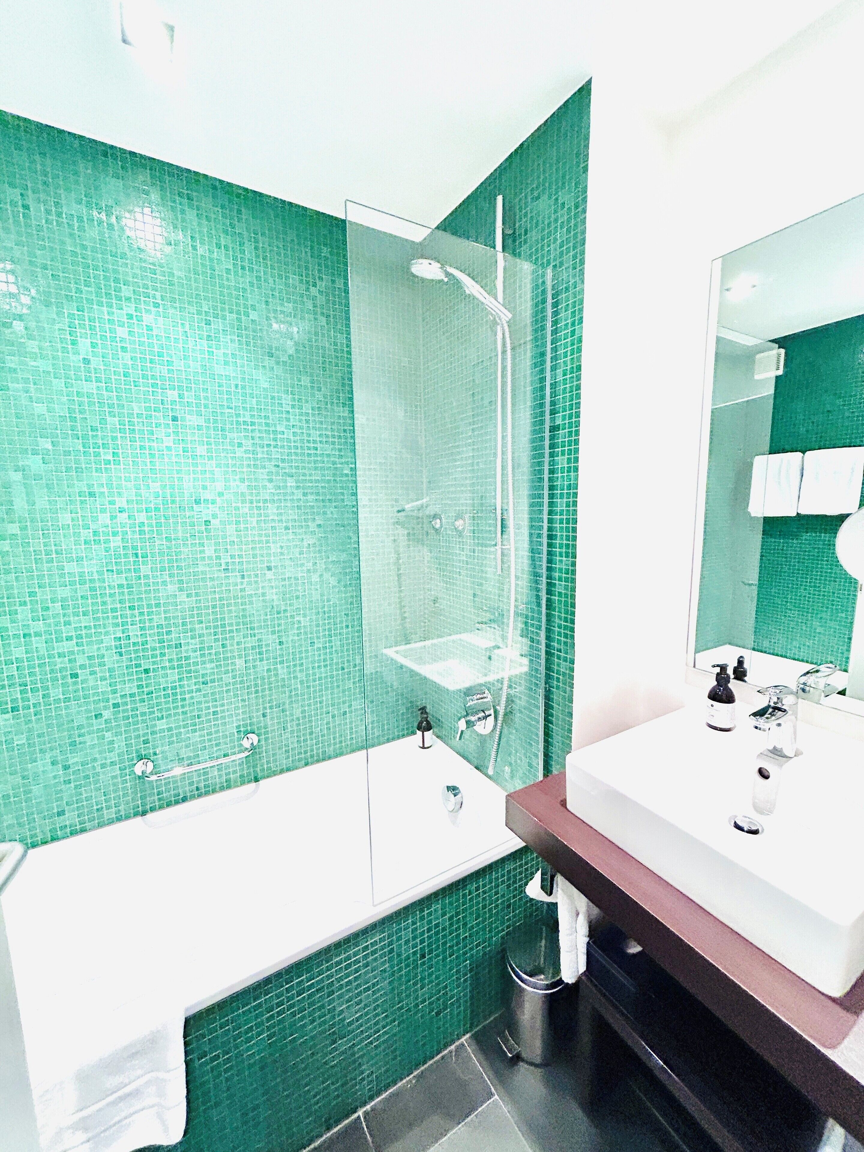 combined shower/bathtub, eco-friendly toiletries, hair dryer, towels