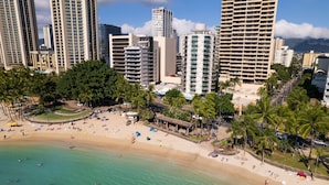 A beach with palm trees, a sandy shore, and tall buildings in the background.