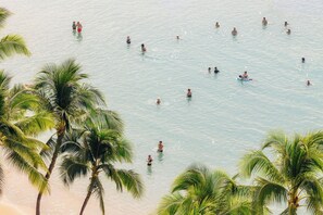 Una playa con palmeras y gente nadando en el agua.