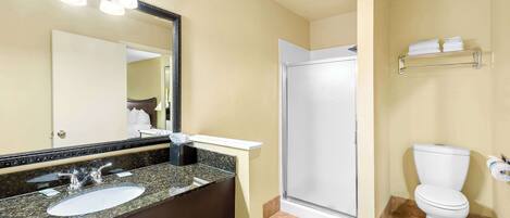 A bathroom with a granite countertop sink, a mirror, a shower, and a toilet.