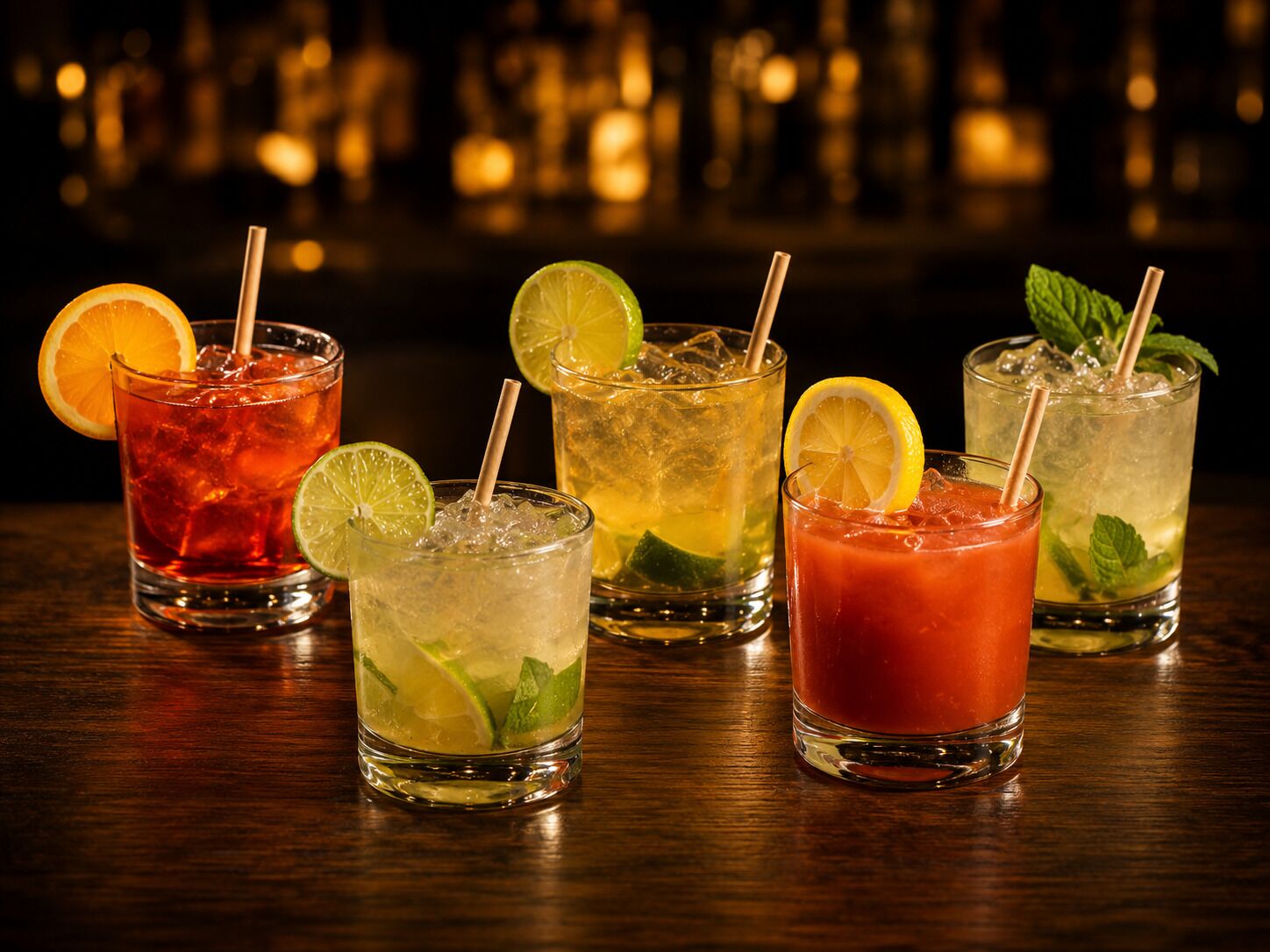 A selection of cocktails with various garnishes, served in glasses with straws, on a wooden surface.