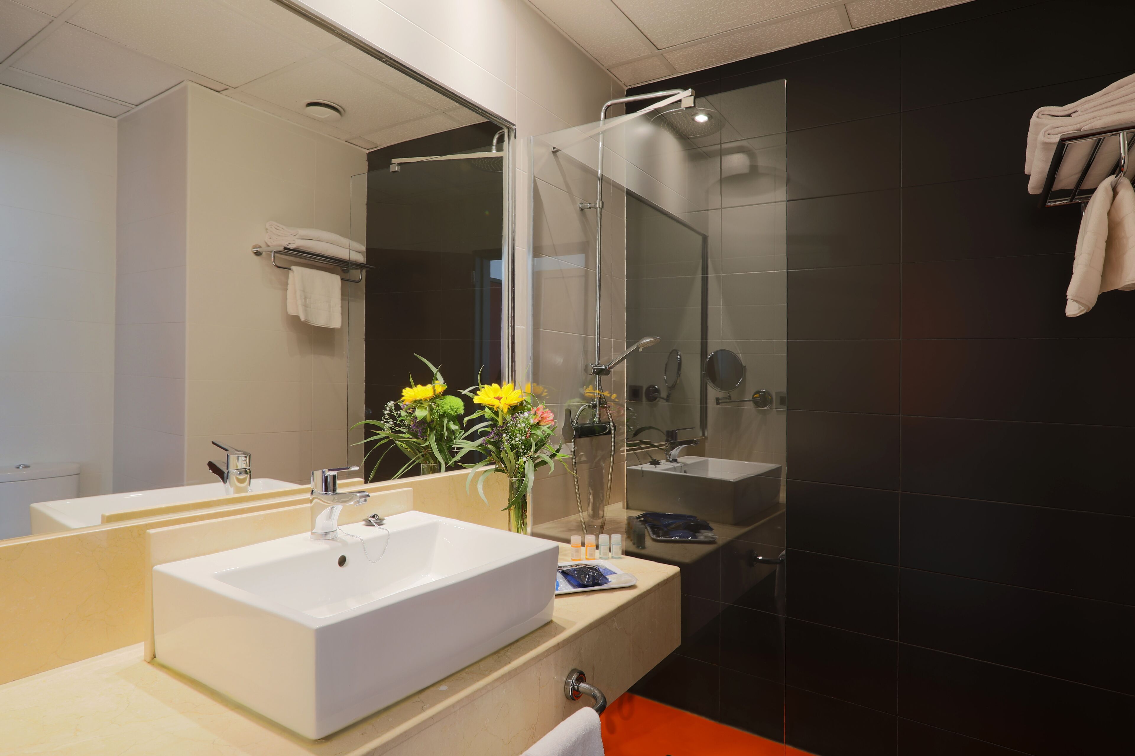 combined shower/bathtub, deep-soaking bathtub, eco-friendly toiletries