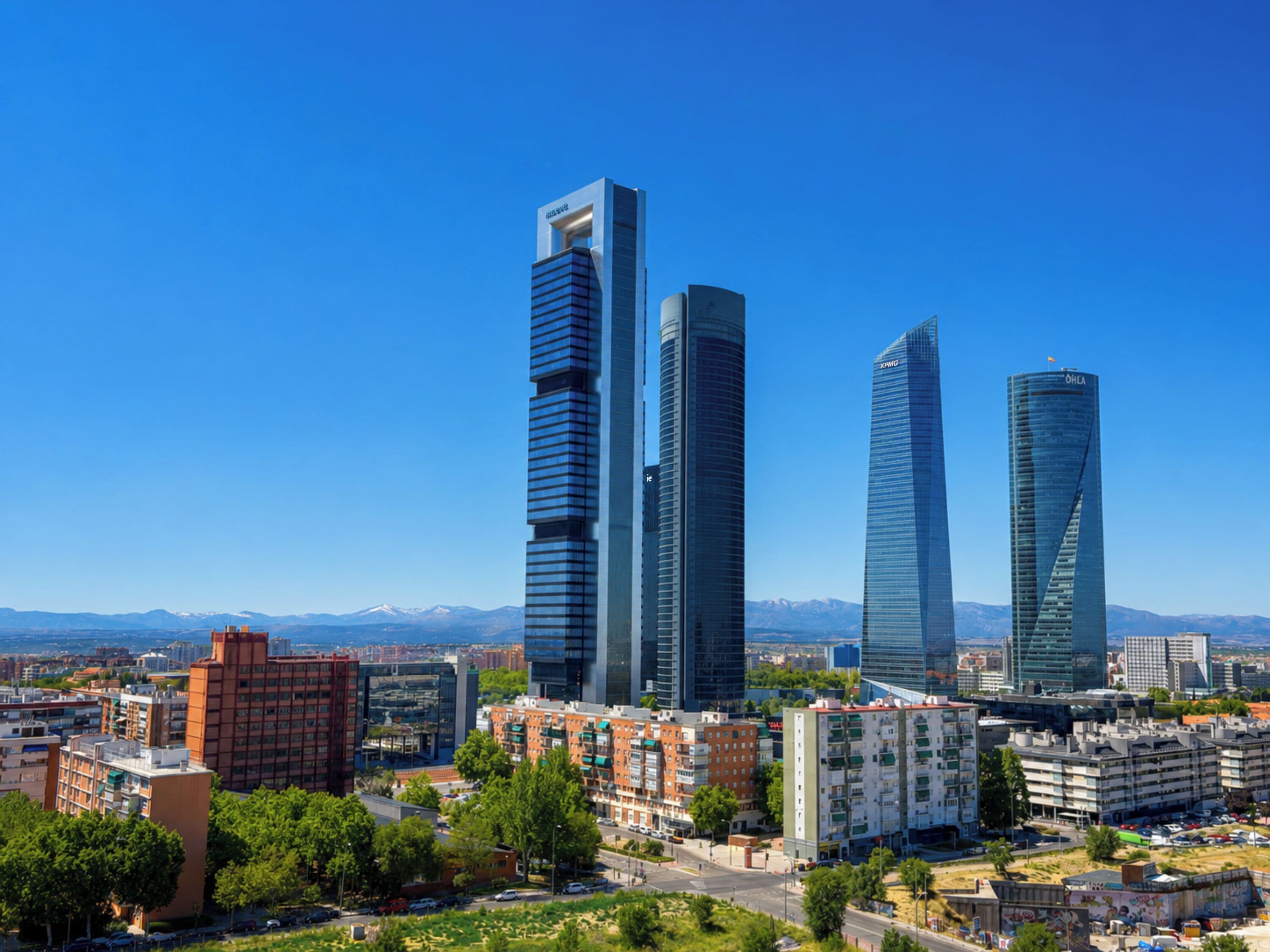 Un paisaje urbano con rascacielos modernos, un cielo azul despejado y montañas distantes.