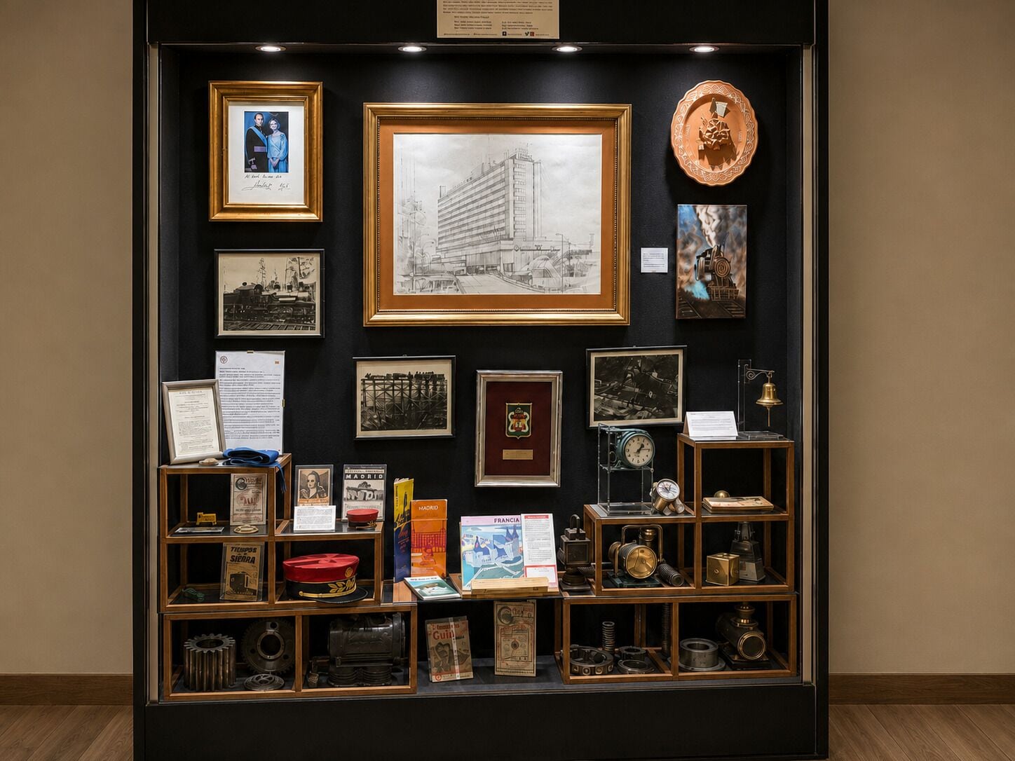 A display case with various historical photographs, documents, and mechanical objects.