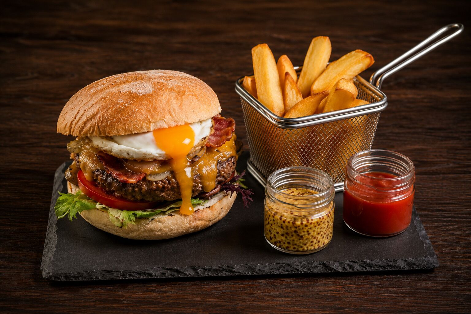 Een hamburger met friet en sausjes op een leisteenplank.