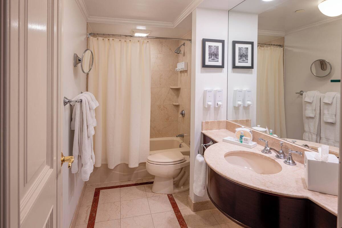 combined shower/bathtub, designer toiletries, hair dryer, bathrobes