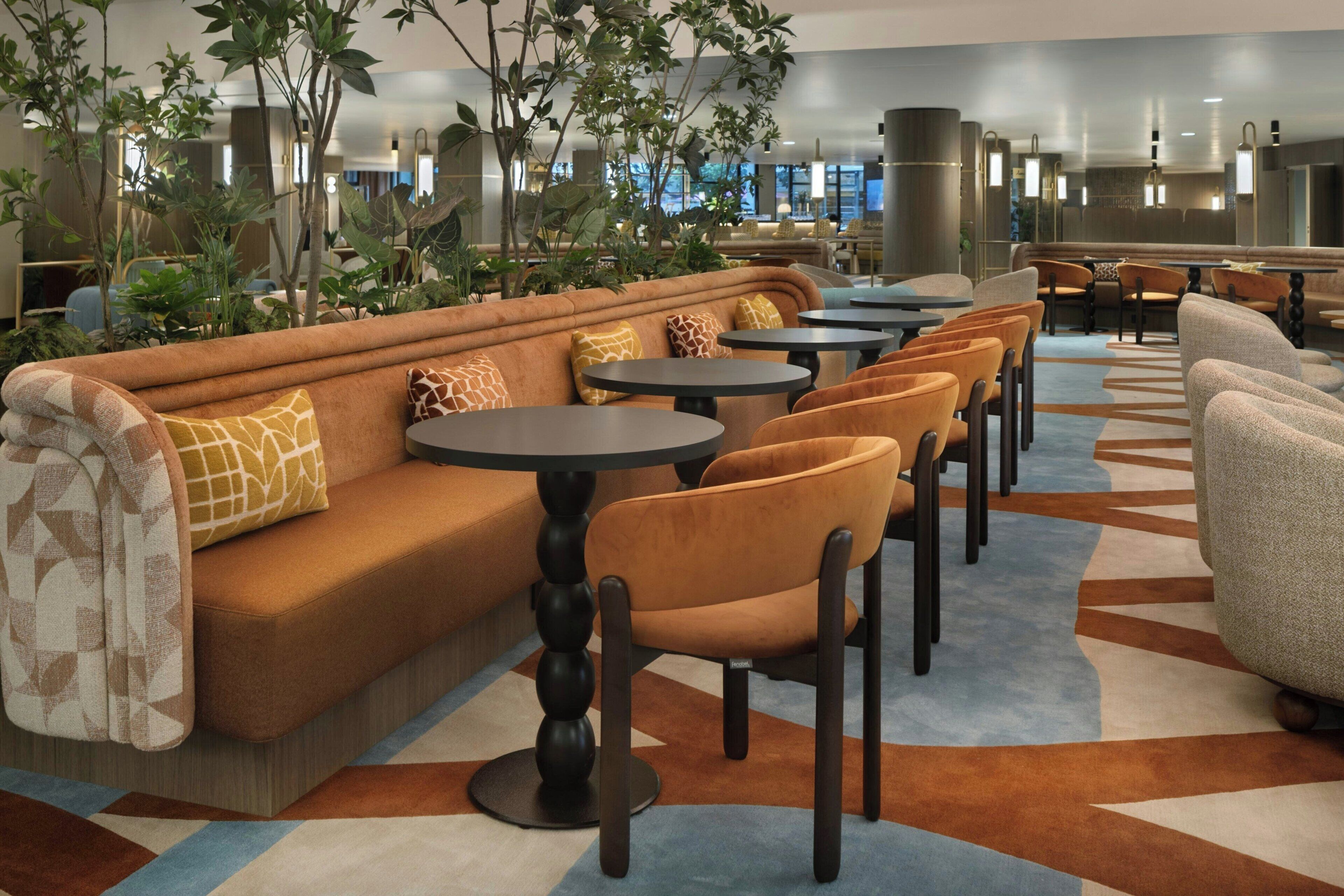 A modern lounge area with a sofa, chairs, and tables, surrounded by indoor plants.