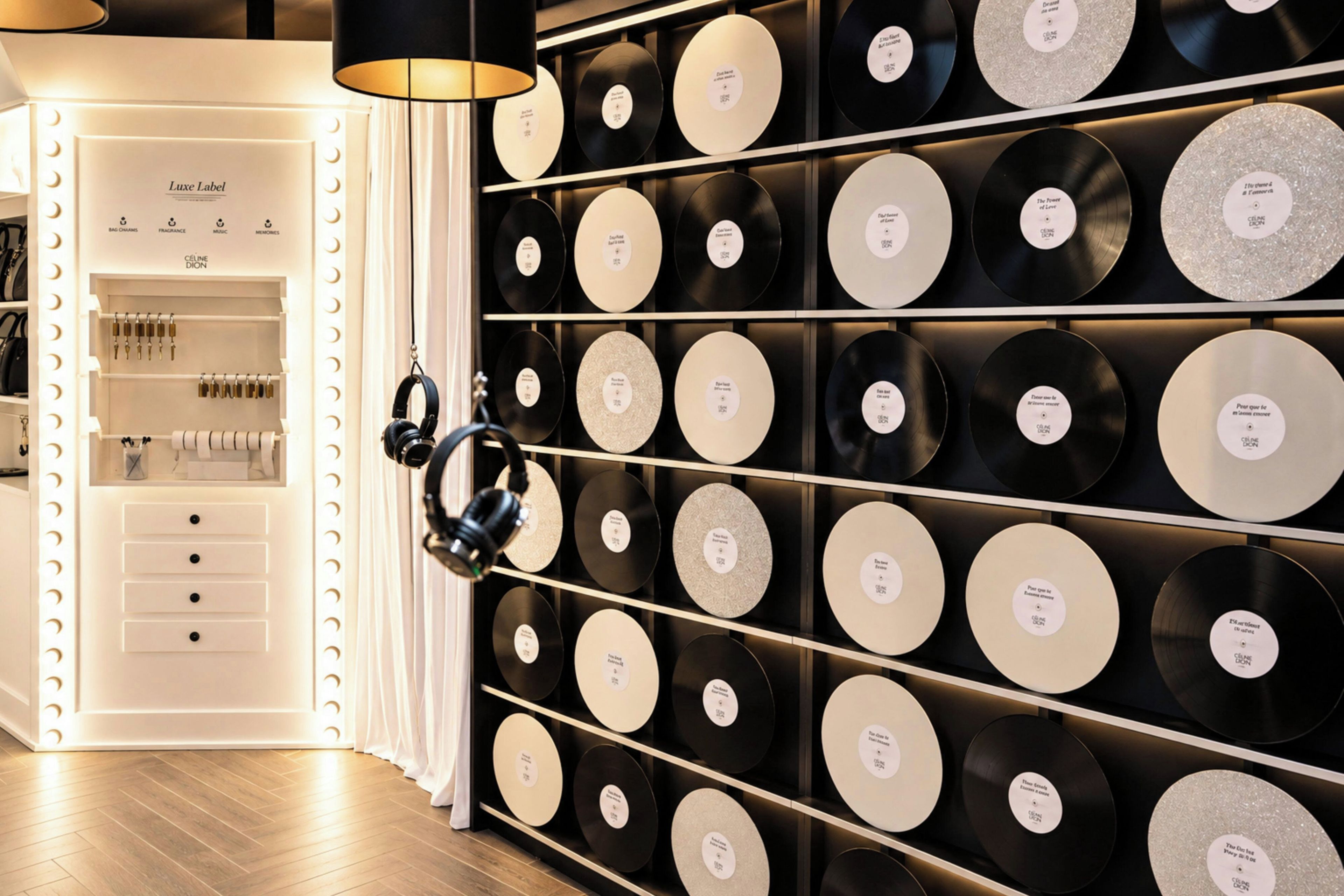 A wall of vinyl records with a white cabinet and drawers to the left.