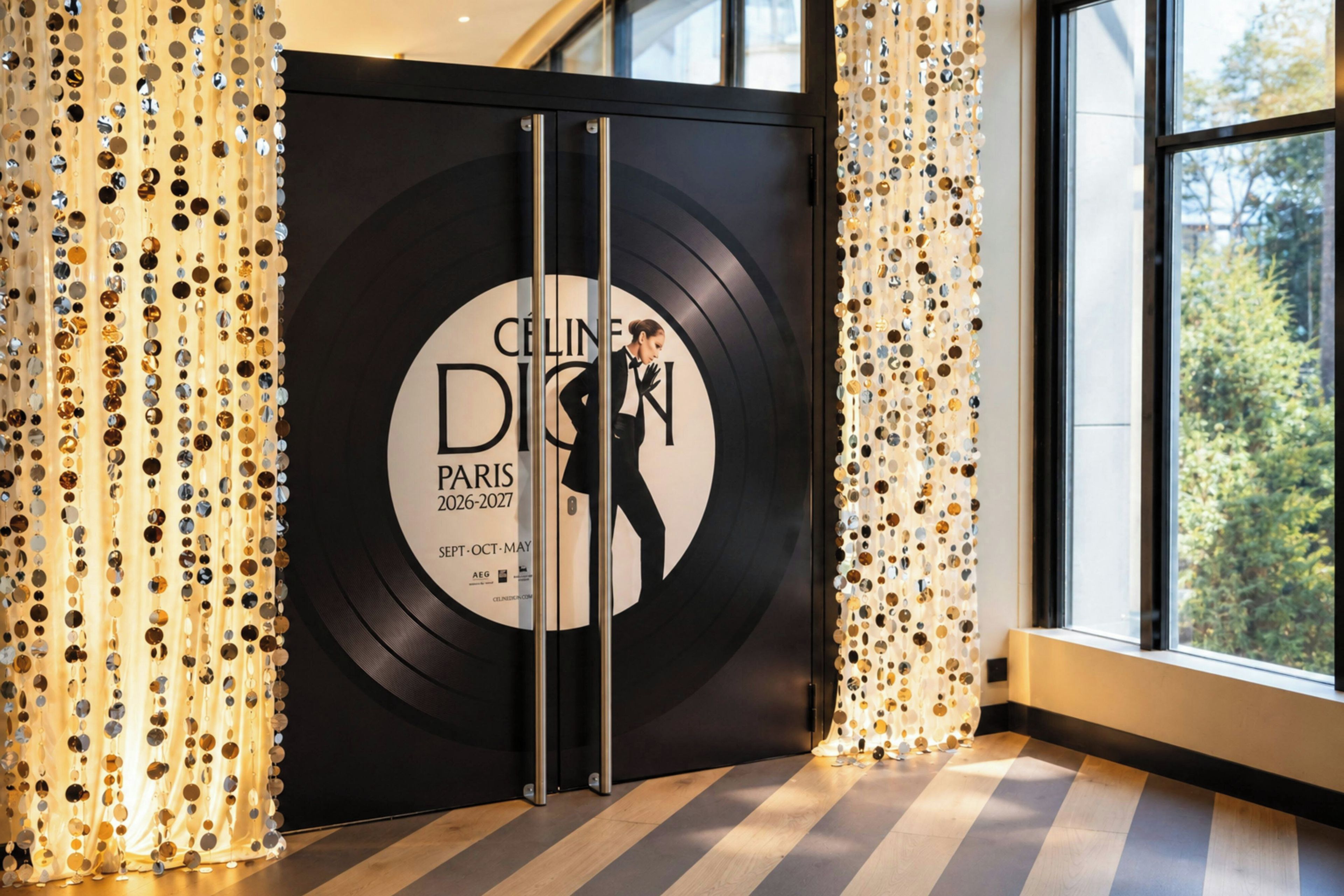 Uma porta com o design de toca-discos CDJ, exibindo o texto 'Céline Dion Paris 2026-2027 Set.-Out.-Mai' e o contorno de uma mulher.
