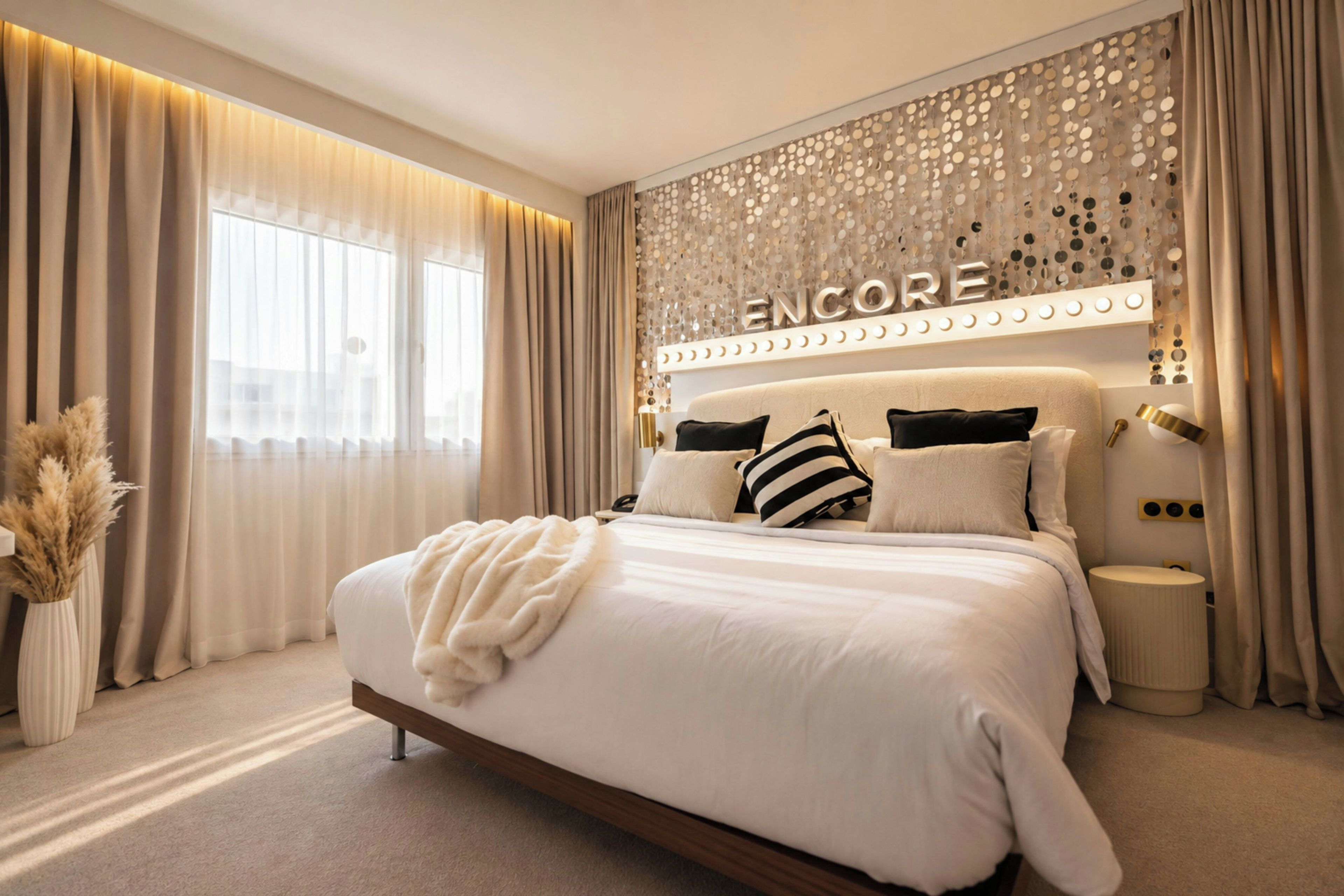 A modern bedroom with a large bed, a decorative headboard, and a wall-mounted light fixture.