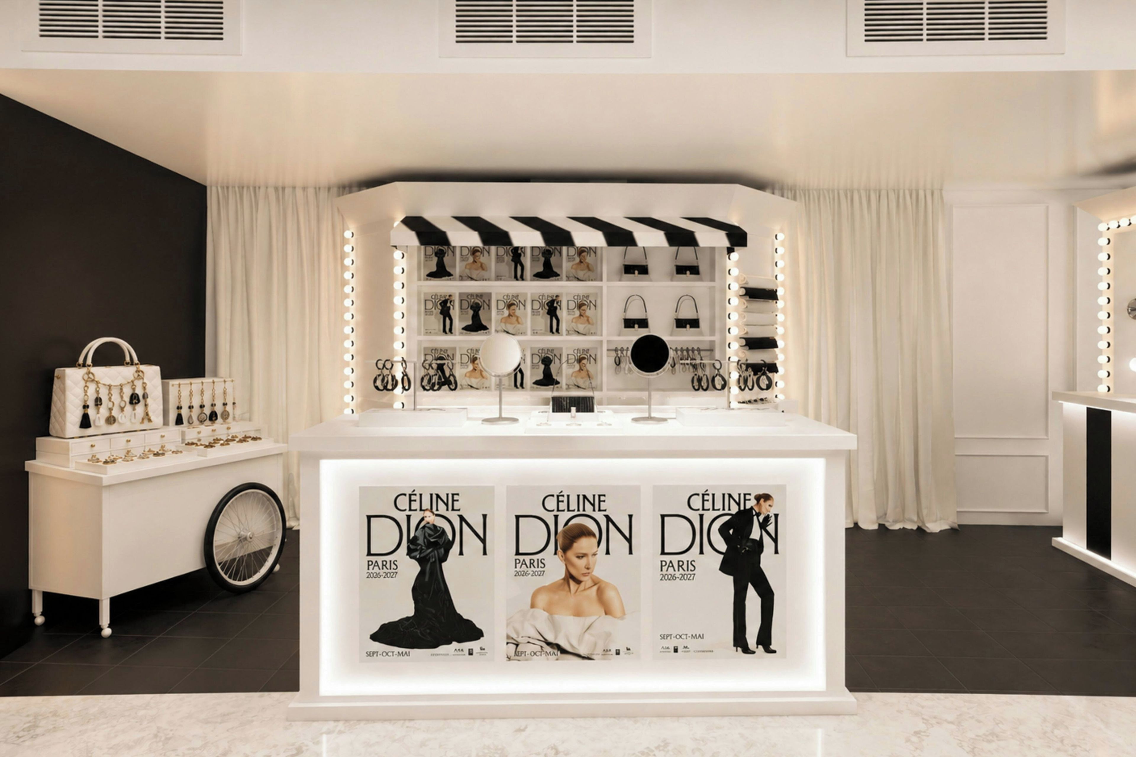 Una boutique bien iluminada con un mostrador blanco que exhibe joyería y bolsos, portadas de revistas enmarcadas, y un fondo con una sesión de fotos de moda.