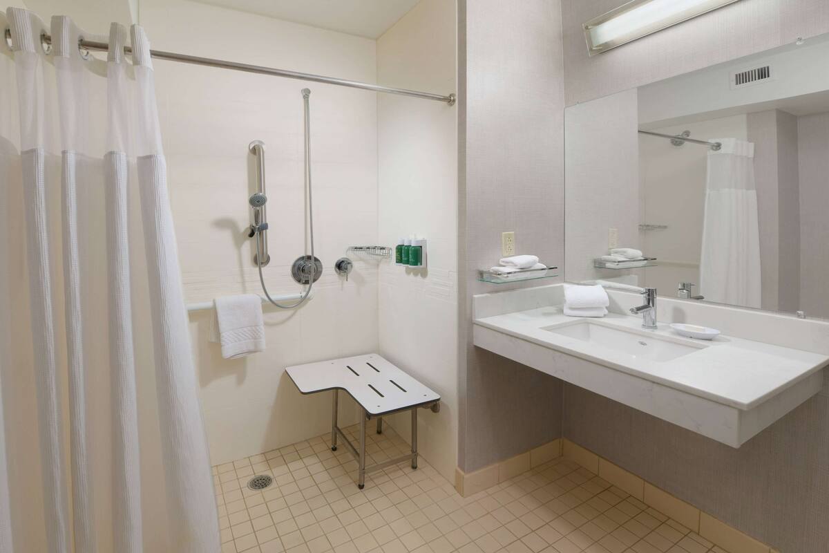 room, 1 king bed with sofa bed, accessible (mobility roll in shower) | bathroom | combined shower/bathtub, free toiletries, hair dryer, towels