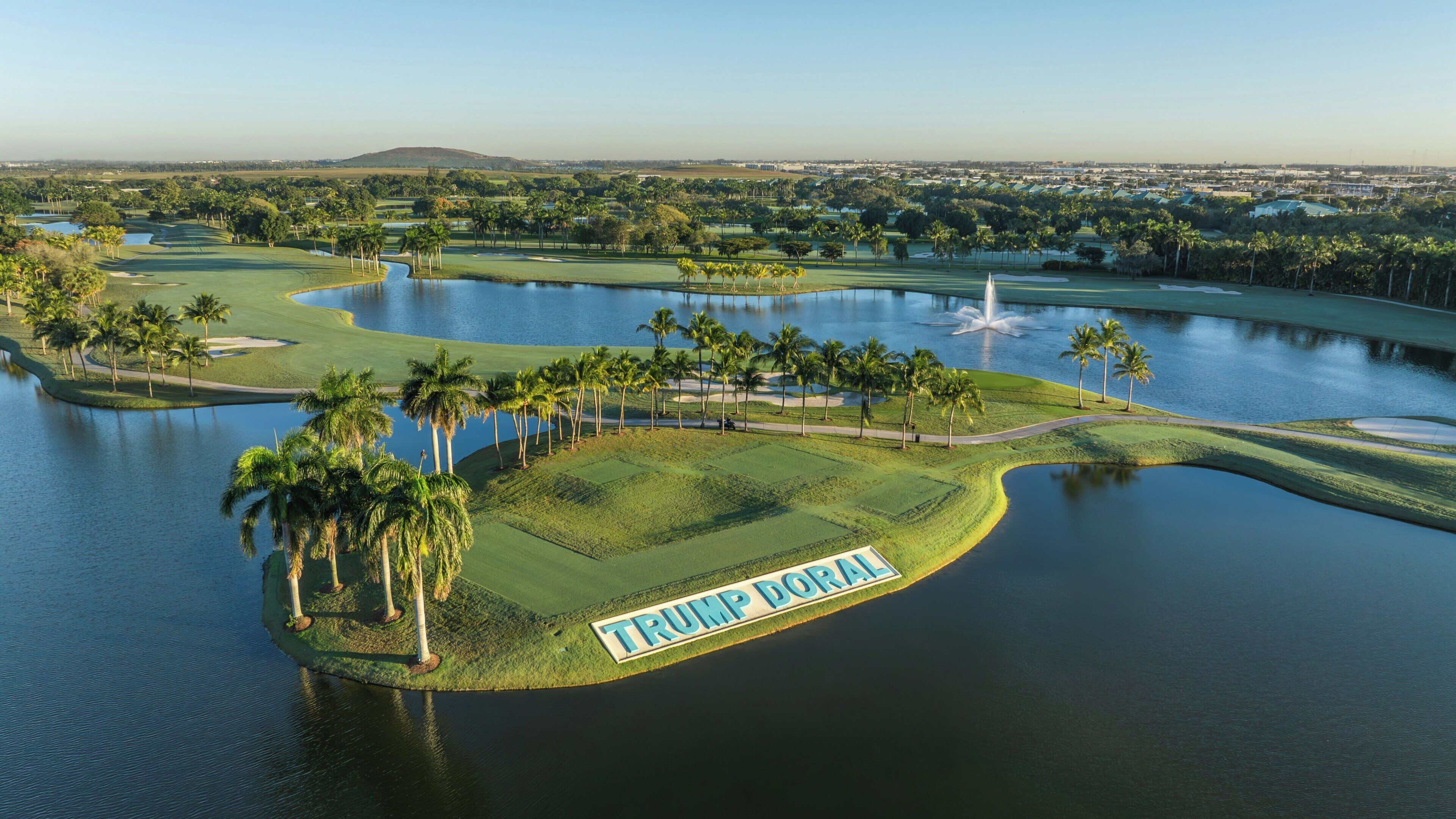 Un campo de golf con un cuerpo de agua y palmeras.