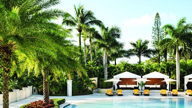 A swimming pool with lounge chairs and umbrellas, surrounded by palm trees and greenery. - Trump National Doral Miami (Miami)