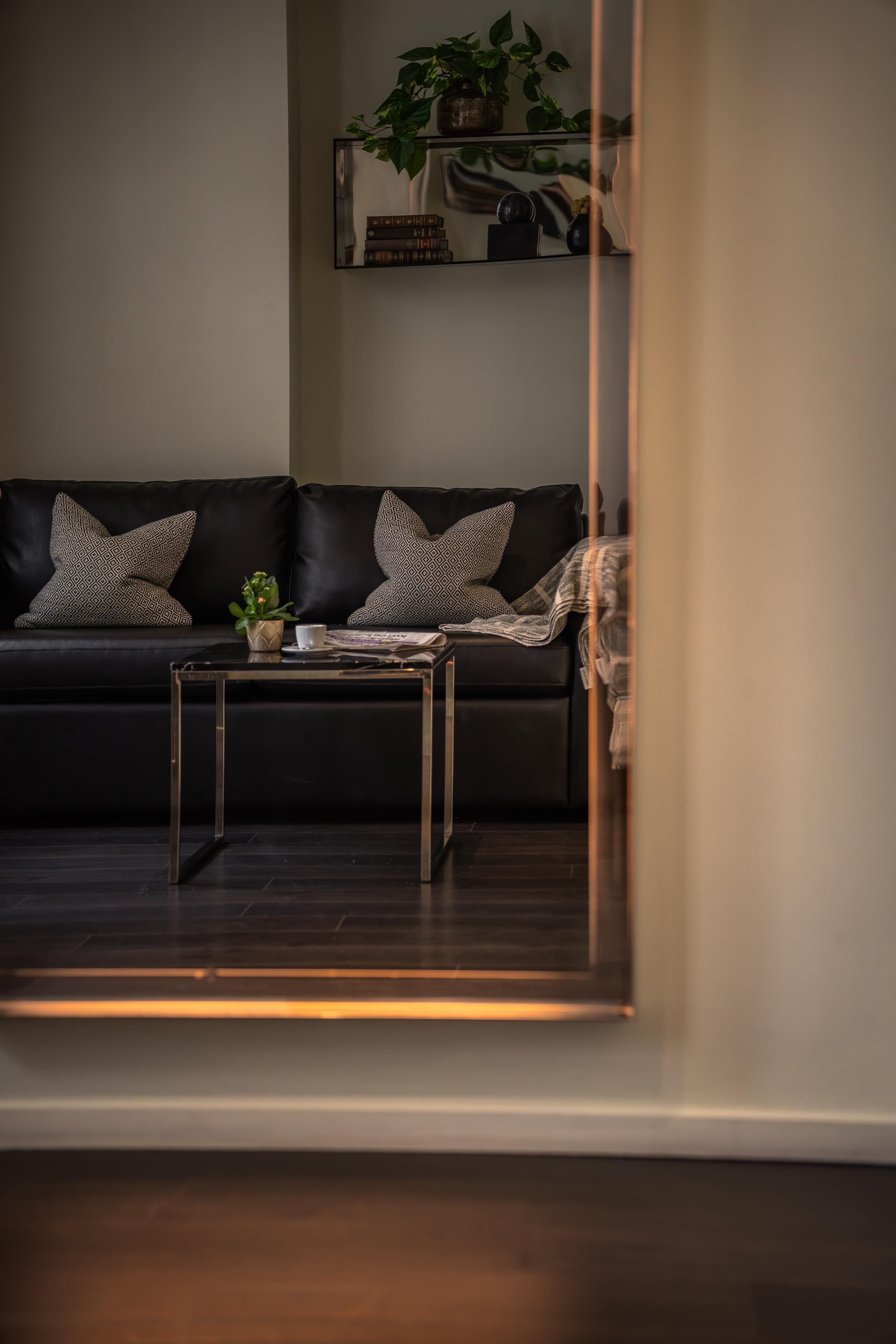 Ein modernes Wohnzimmer mit einem schwarzen Ledersofa, gemusterten Kissen, einem kleinen Tisch mit einer Pflanze und einem gerahmten Kunstwerk an der Wand.