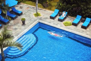 2 outdoor pools, open 6:00 AM to 8:00 PM, pool umbrellas, sun loungers