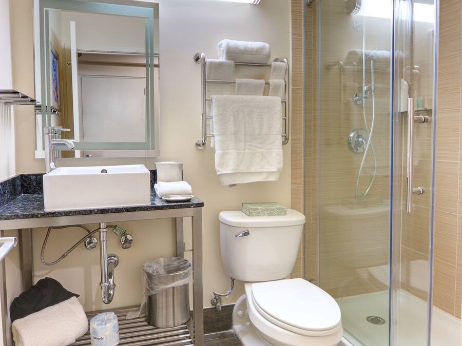 A modern bathroom with a glass-enclosed shower, a sink with a mirror, and a toilet.