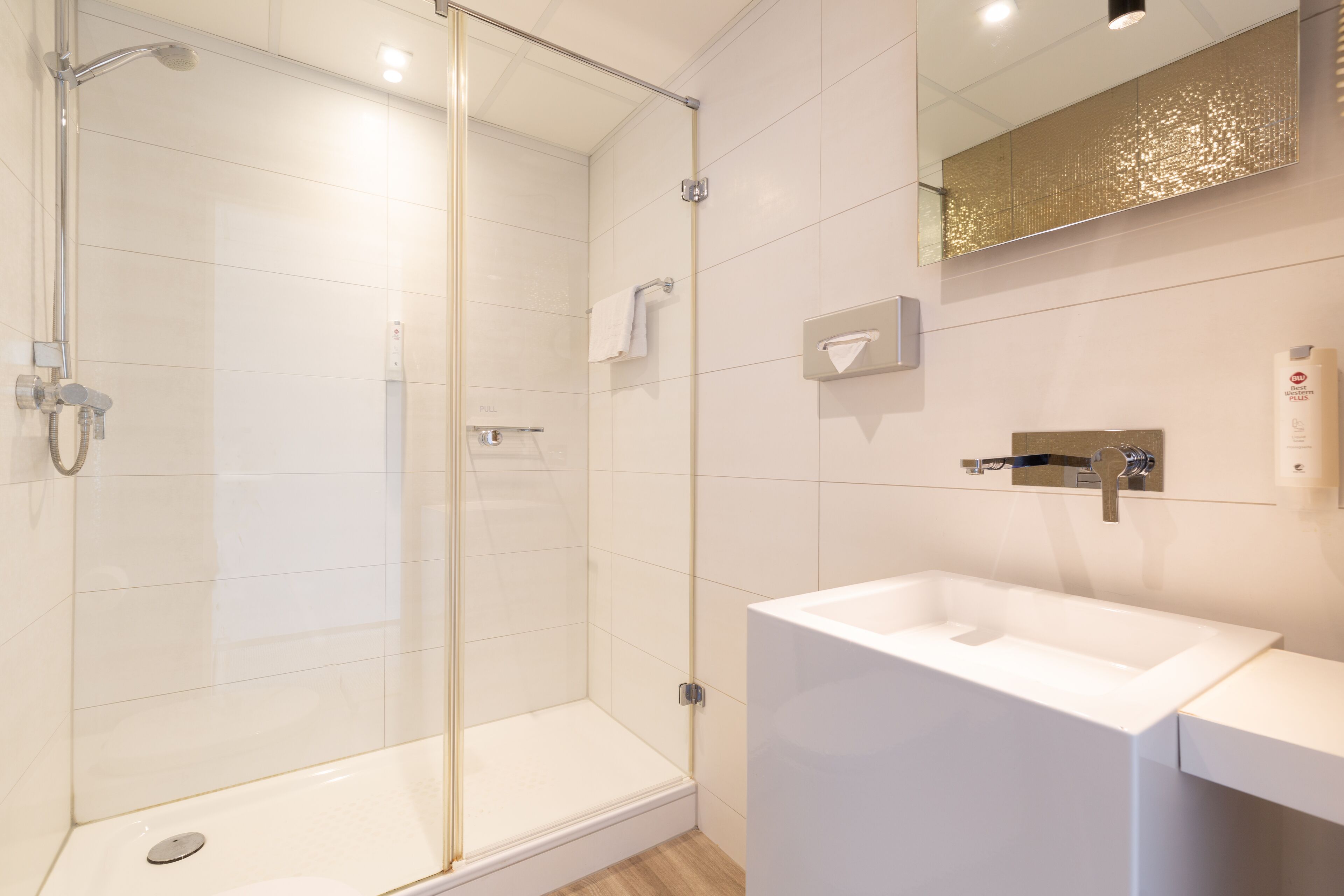 shower, eco-friendly toiletries, hair dryer, towels