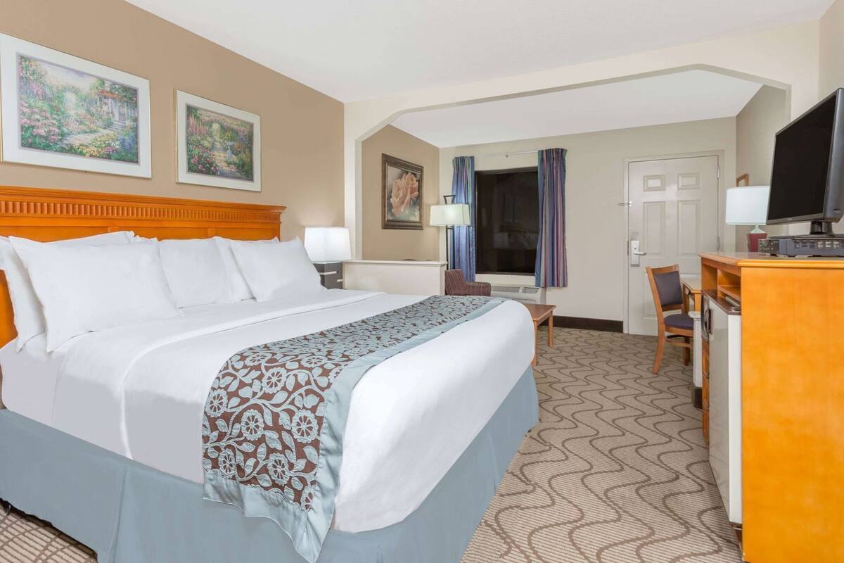 A hotel room with a large bed, a desk, a chair, a television, and artwork on the walls.