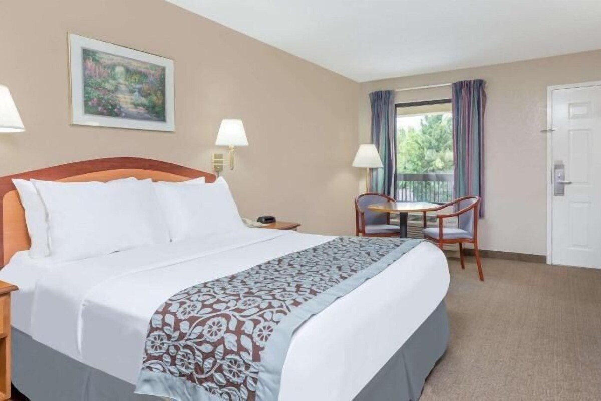 A hotel room with a bed, a desk, a chair, a television, and a door.