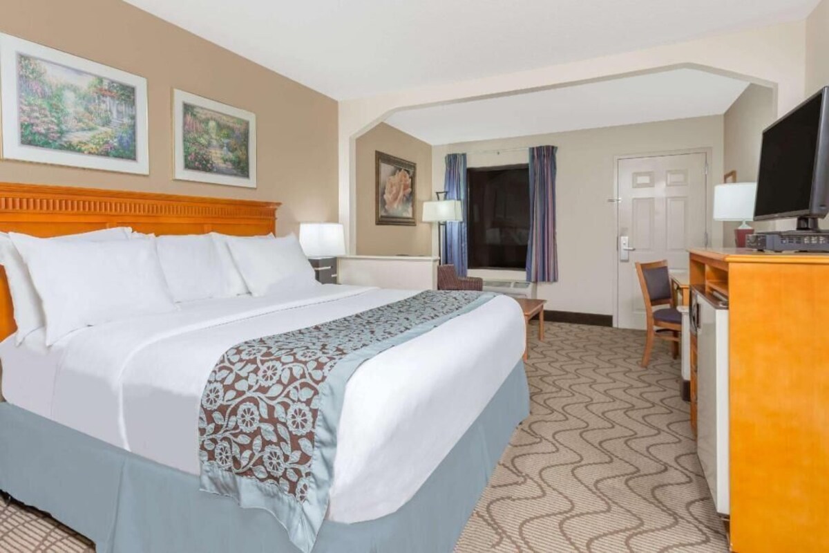 A hotel room with a bed, desk, chair, television, and artwork on the walls.