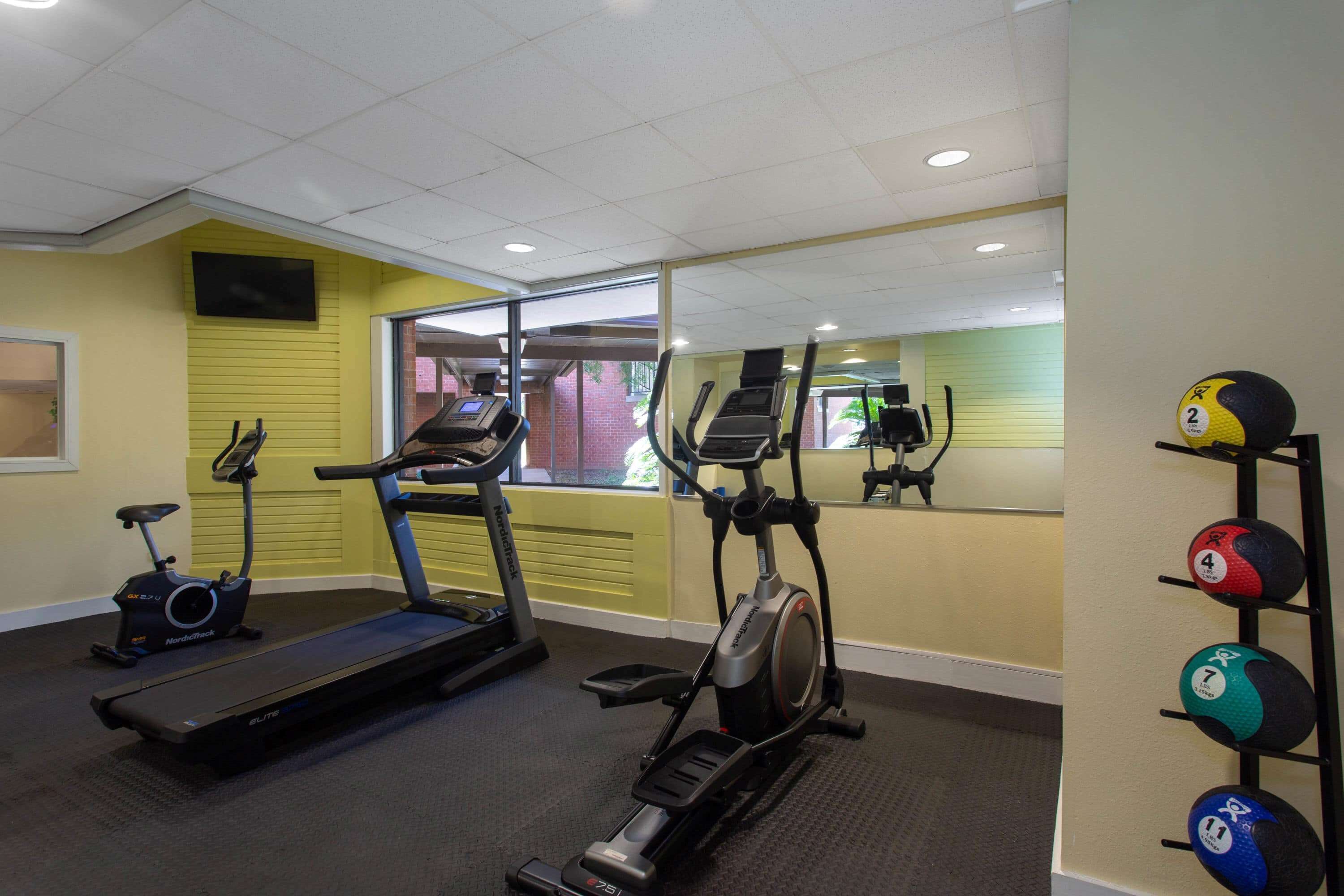 Ein Fitnessraum mit Laufbändern, Crosstrainern und einem Gewichtständer.