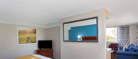 A hotel room with a bed, a television, a desk, a chair, and a sofa.