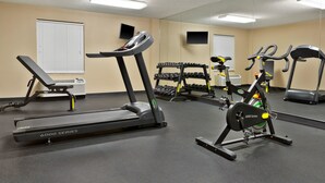 A gym with a treadmill, elliptical, and weight bench.