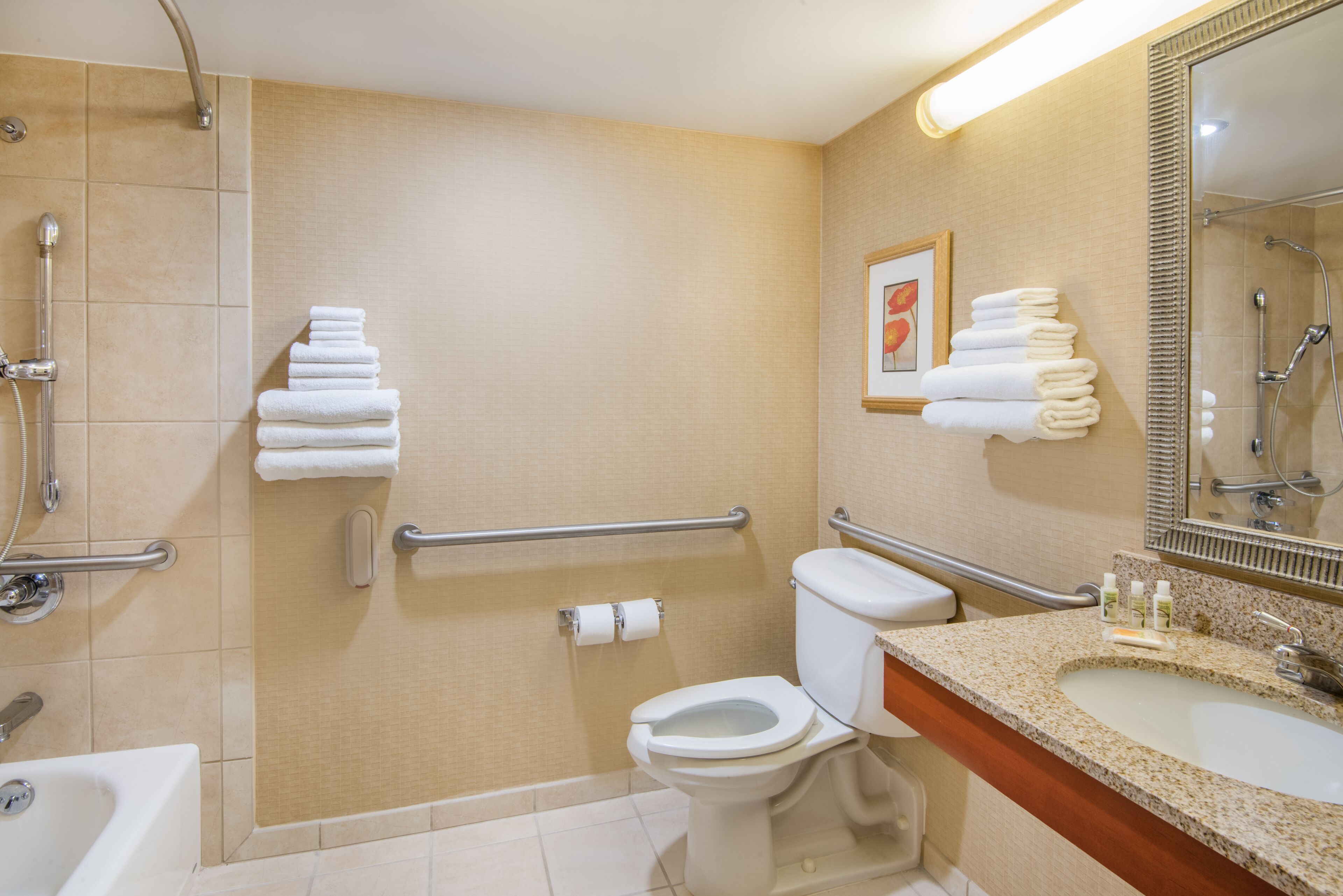 standard room, 1 king bed, accessible (communication, accessible tub) | bathroom | combined shower/bathtub, free toiletries, hair dryer, towels