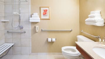 A bathroom with a shower, toilet, sink, and handrails.