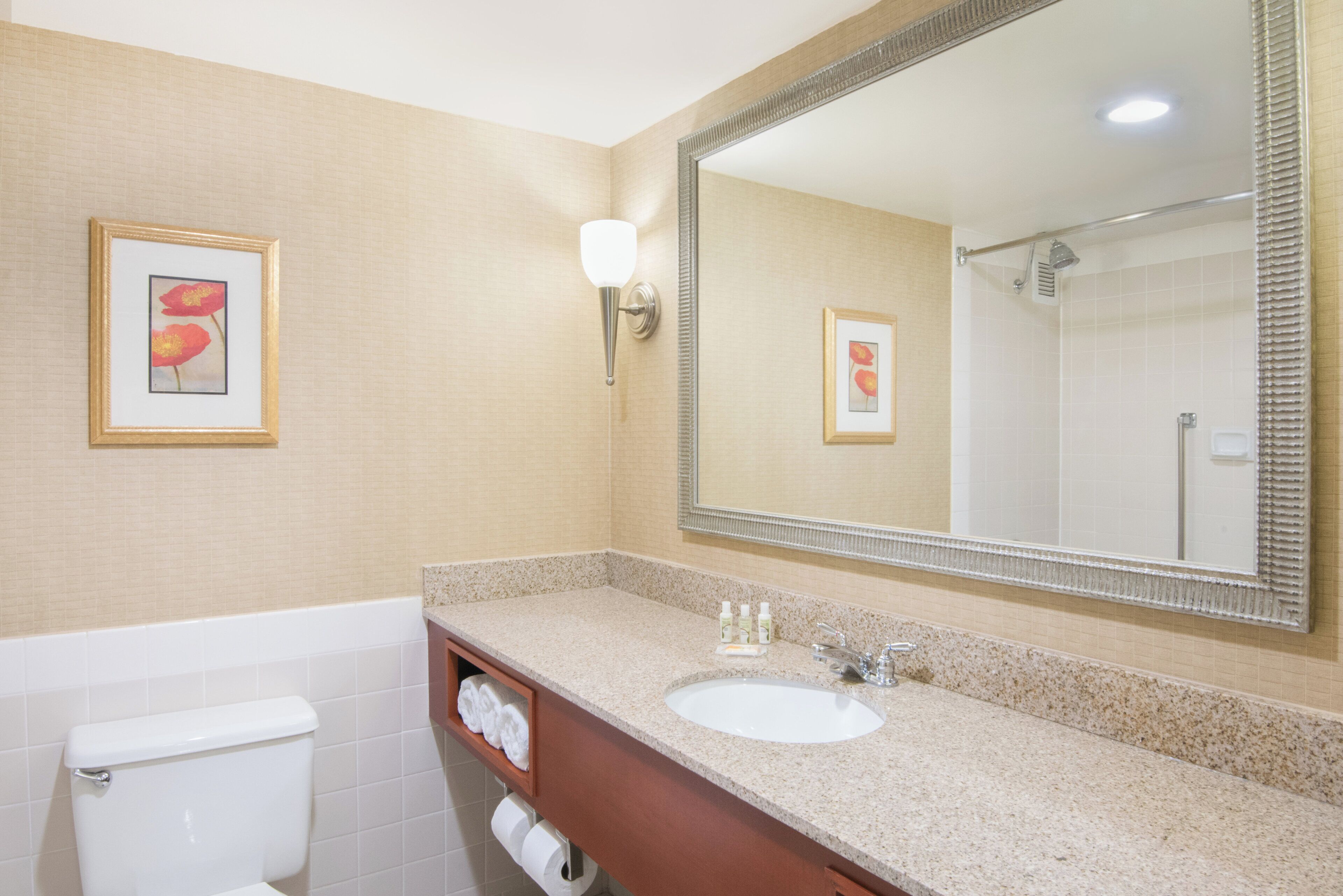 Een badkamer met een wastafel, spiegel, toilet en fotolijstjes aan de muur.