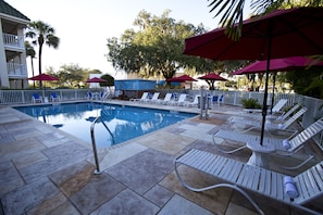 Piscine extérieure, chaises longues