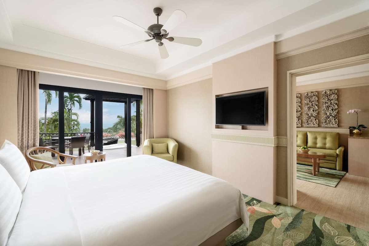 A hotel room with a large bed, a ceiling fan, a TV mounted on the wall, a balcony with a view of palm trees, and a green sofa.