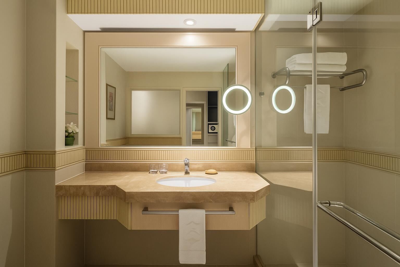 A modern bathroom with a large mirror, vanity, and a glass shower enclosure.
