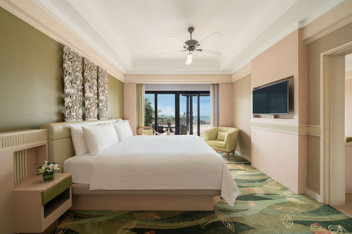 A hotel room with a large bed, a television, a ceiling fan, a view through the window, and a small table with a plant.