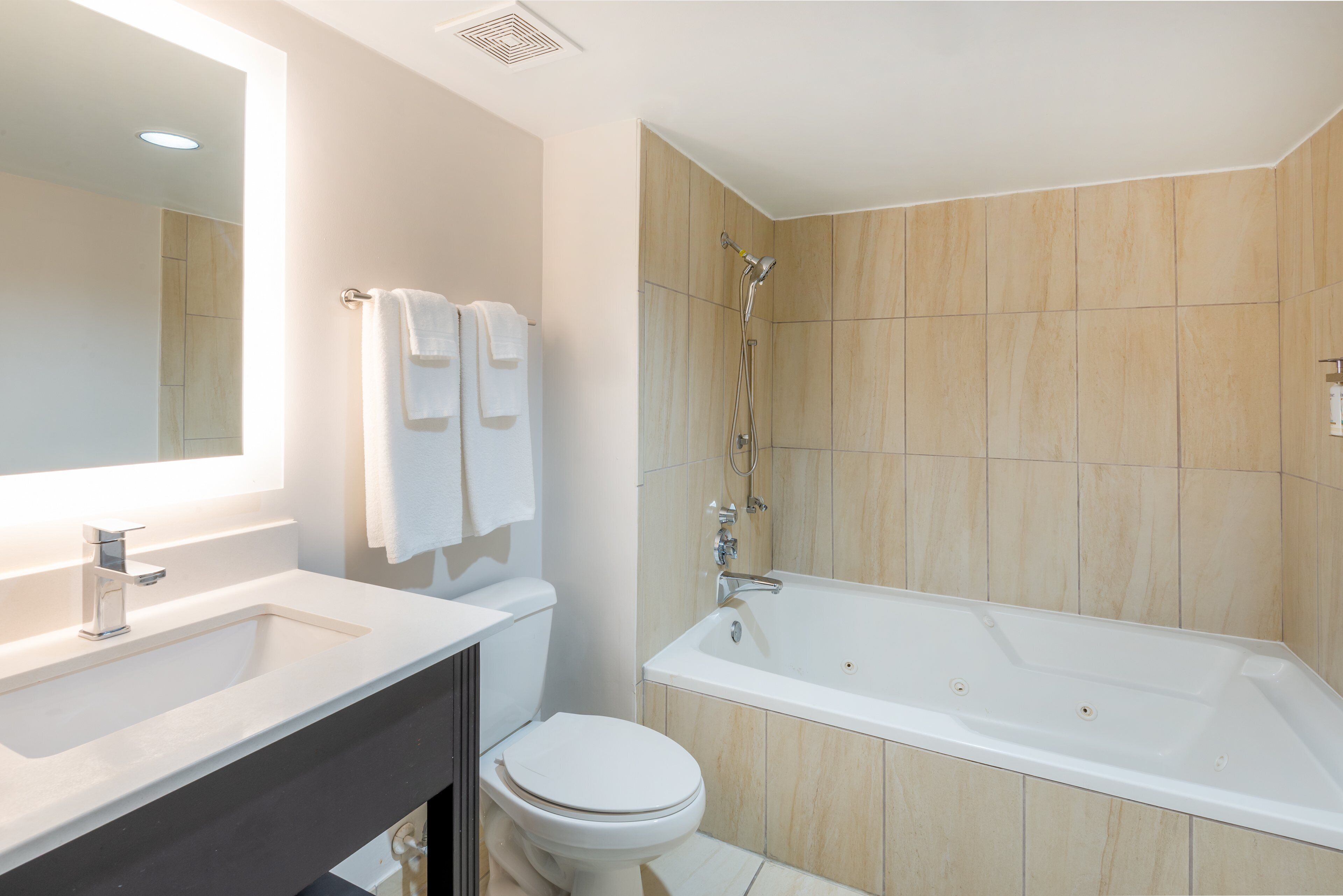 standard room, 1 king bed, jetted tub | bathroom | hydromassage showerhead, free toiletries, hair dryer, towels