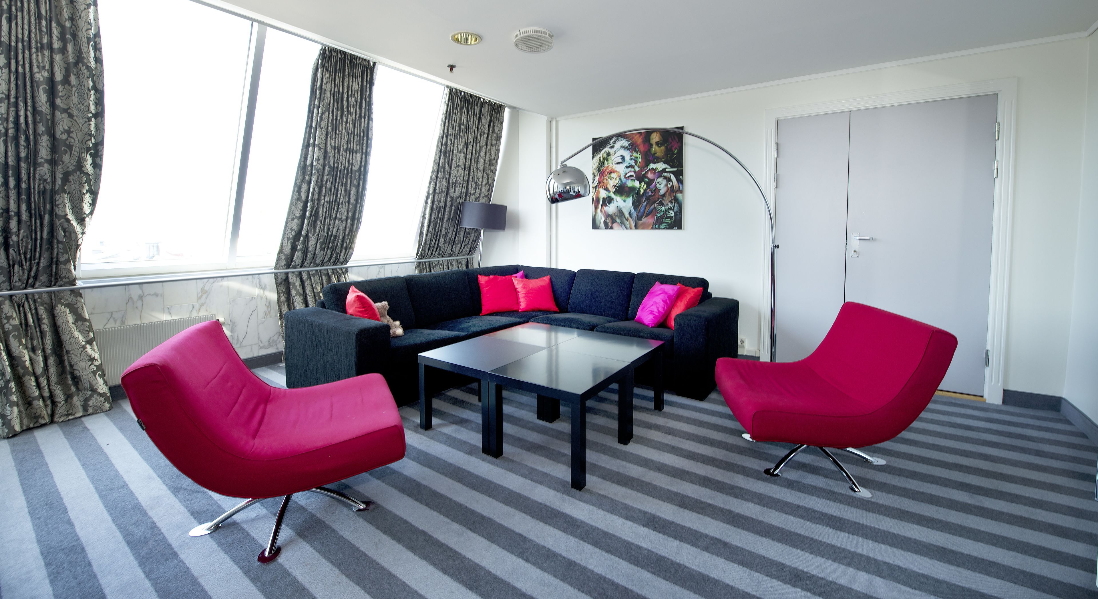 desk, laptop workspace, blackout curtains, cots/infant beds