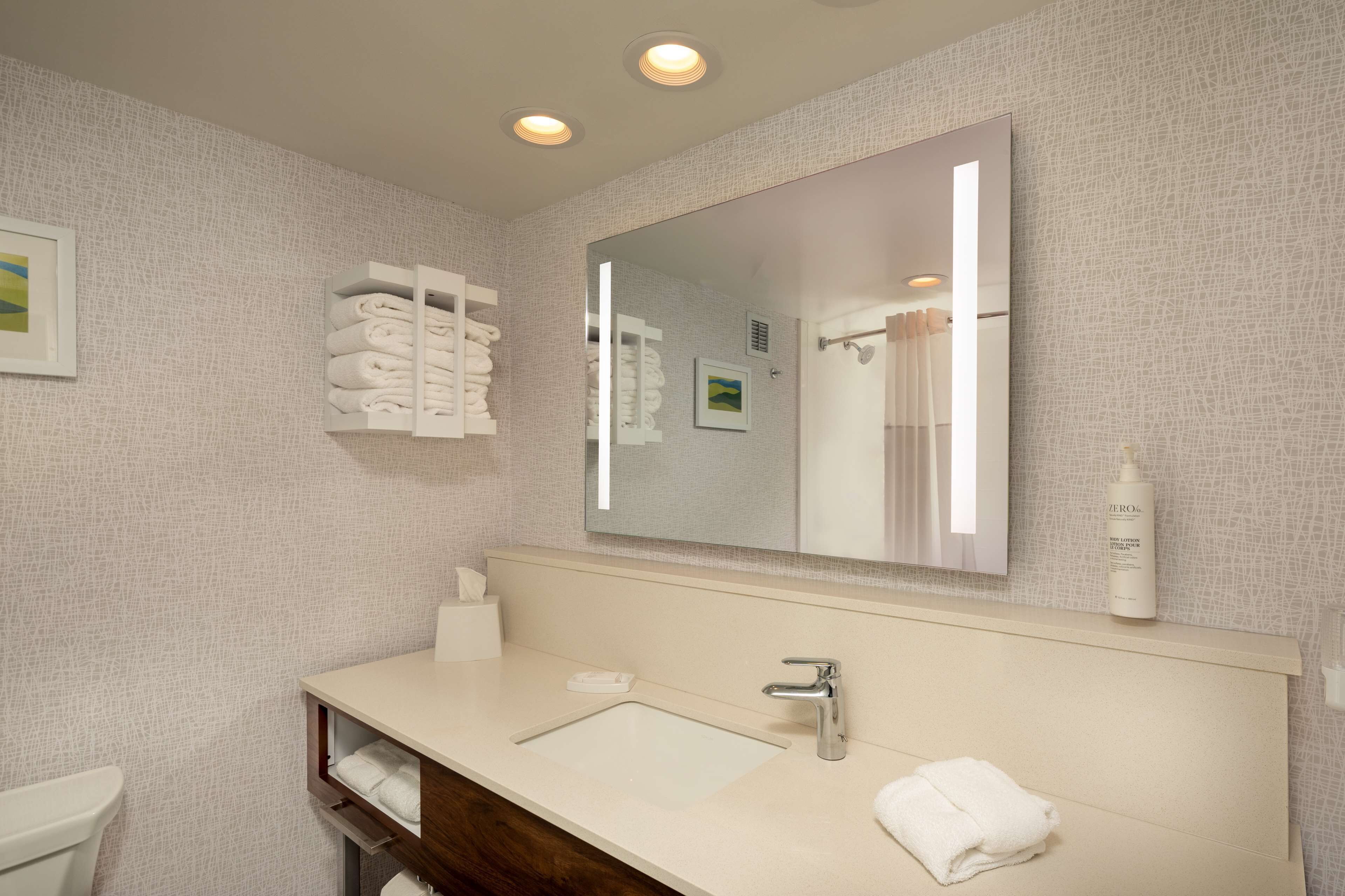 eco-friendly toiletries, hair dryer, towels, soap