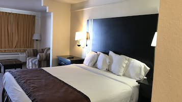 1 bedroom, desk, blackout curtains, iron/ironing board