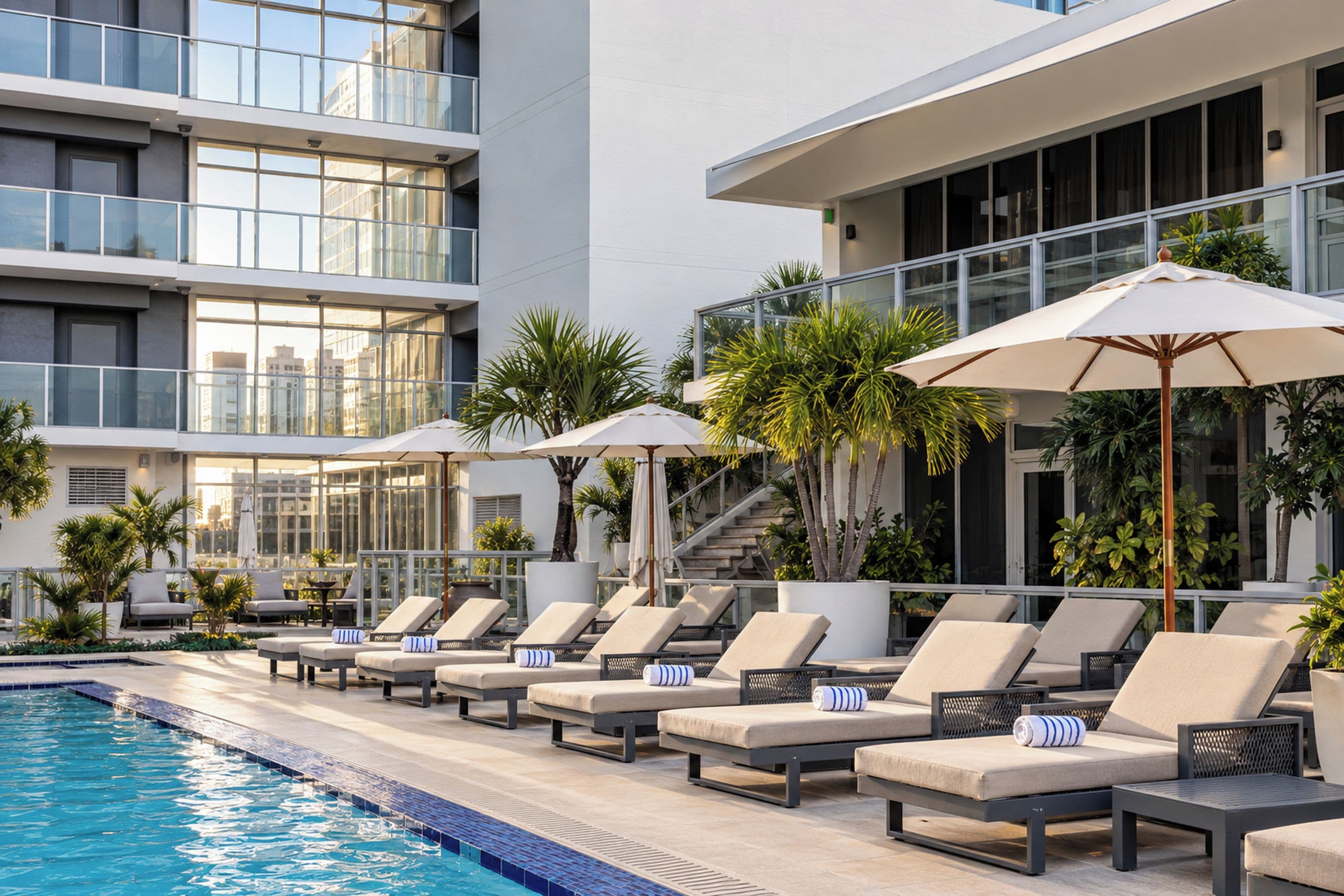 A poolside area with lounge chairs and umbrellas, a clear pool, and a modern building with large windows.