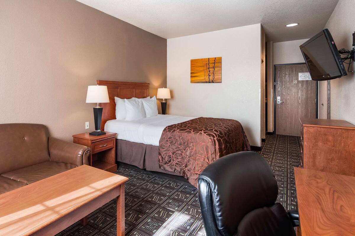 Una habitación de hotel con cama, escritorio, sillón, sofá y televisor montado en la pared.