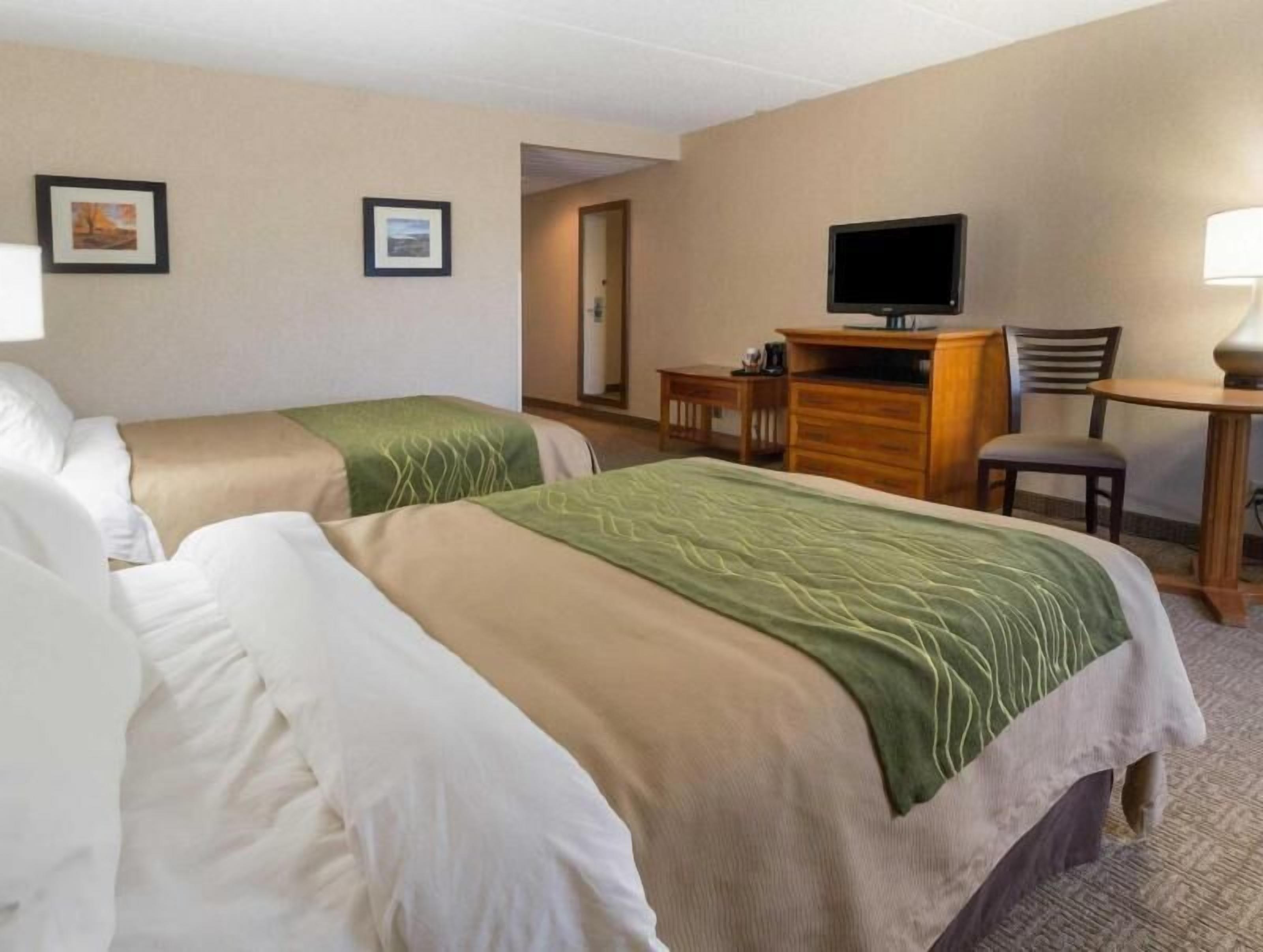 Hypo-allergenic bedding, desk, laptop workspace, blackout drapes