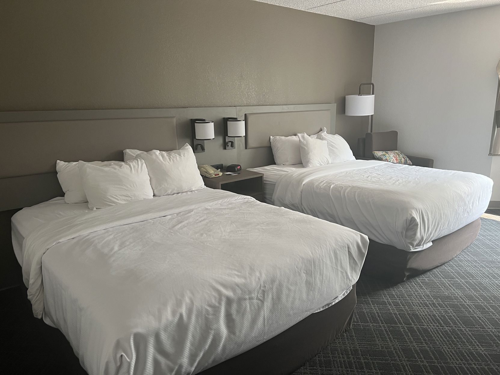 Hypo-allergenic bedding, desk, laptop workspace, blackout drapes