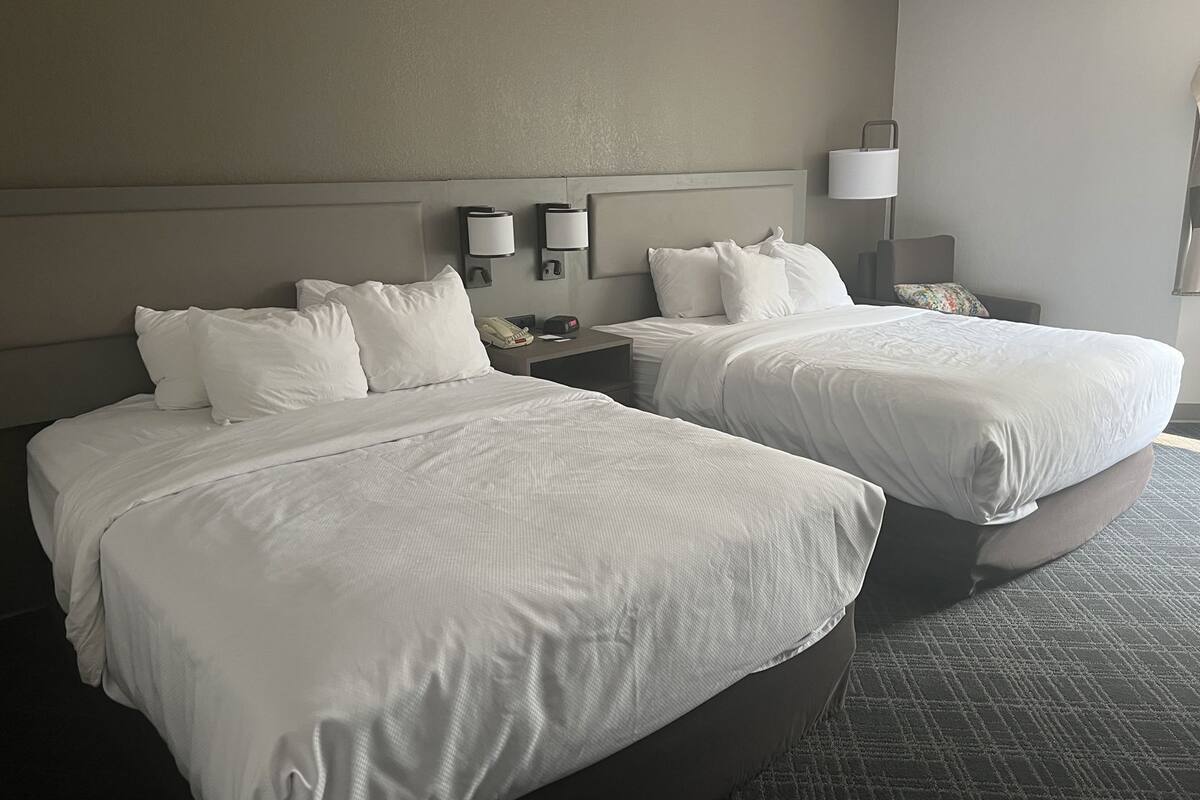 Hypo-allergenic bedding, desk, laptop workspace, blackout drapes