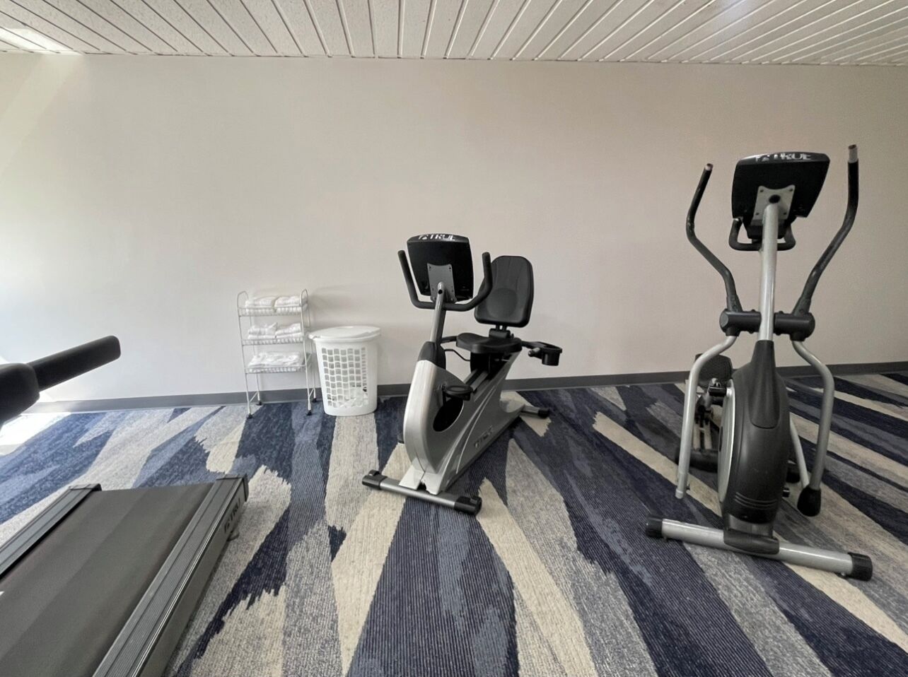 A gym with two stationary bikes, a treadmill, and a white trash bin.