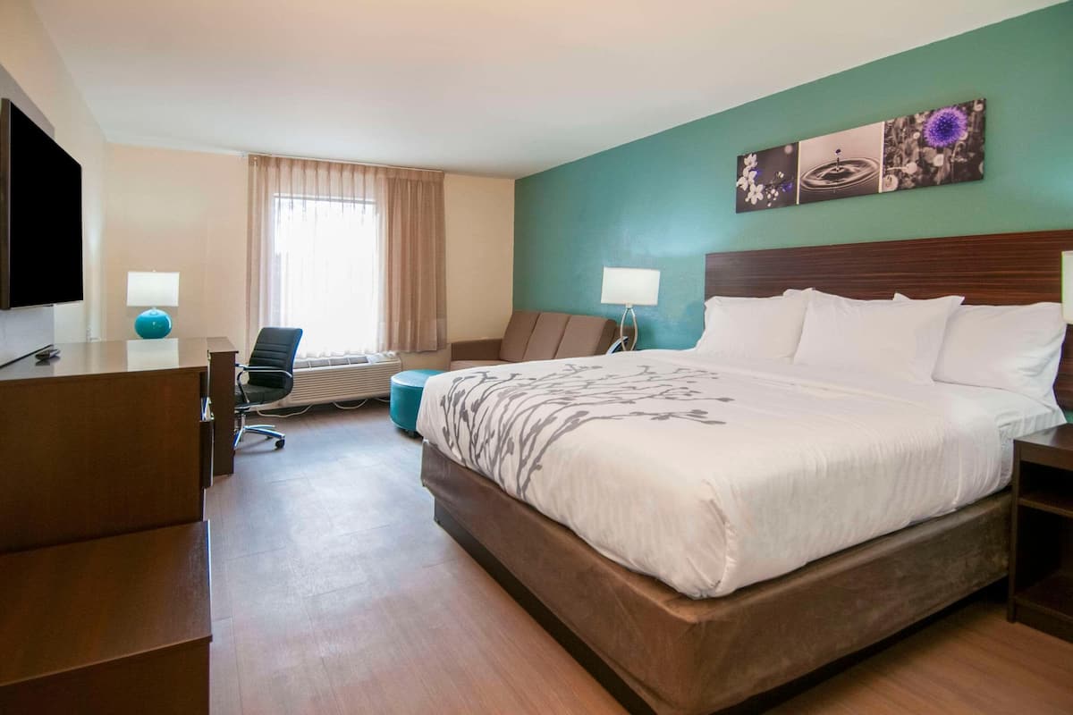 A hotel room with a large bed, a desk, a chair, a television, and a window with curtains.