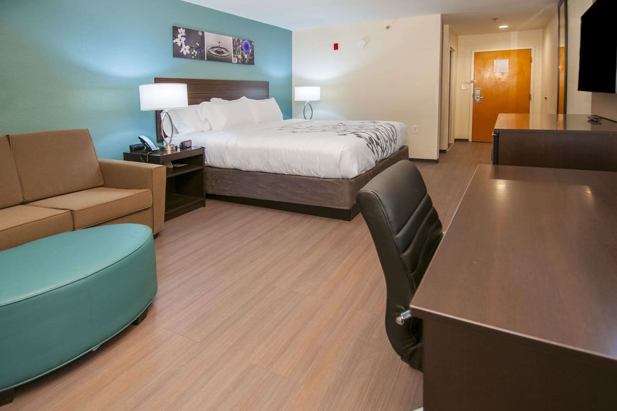 A hotel room with a bed, a sofa, a desk, and a TV.
