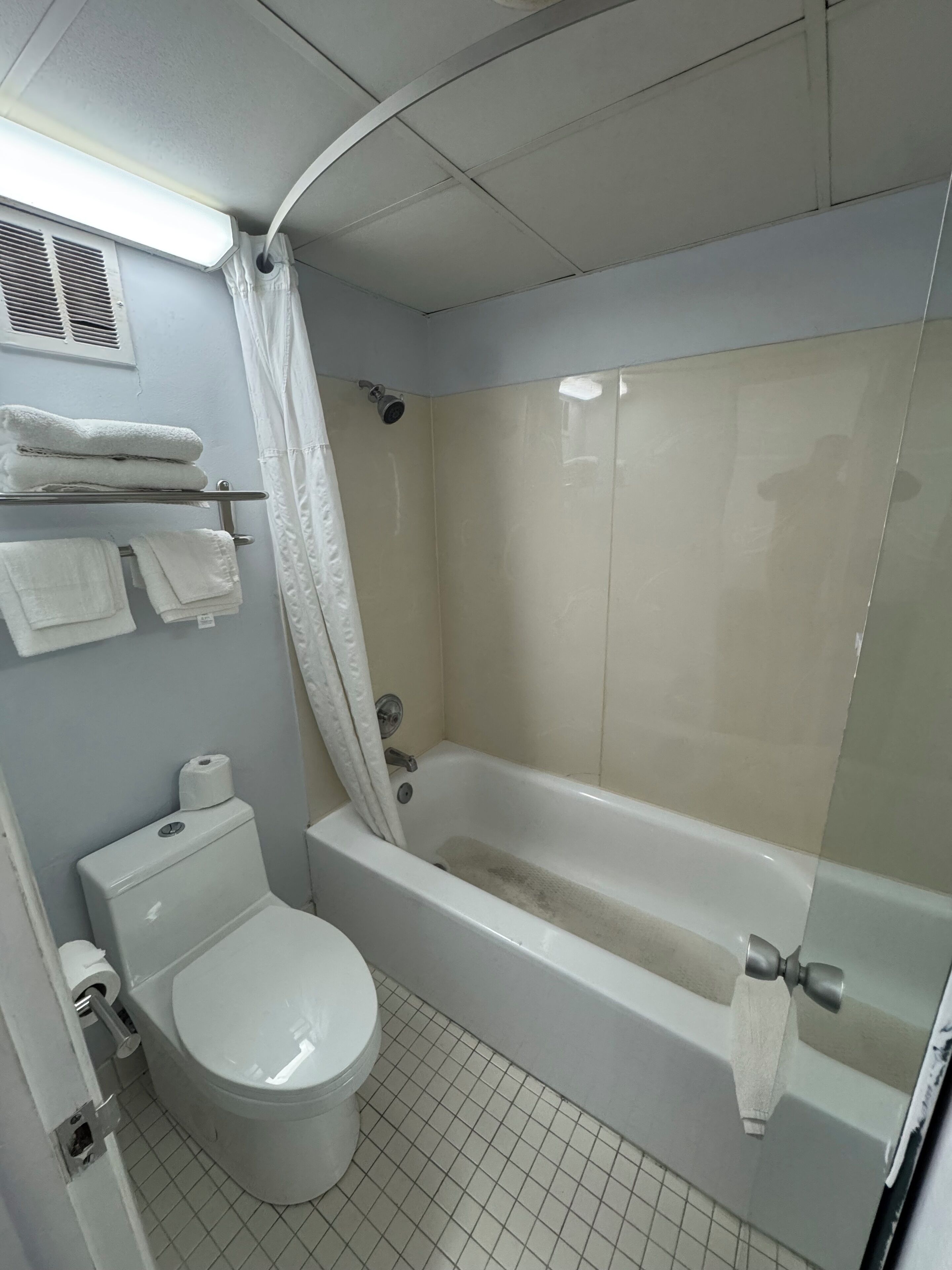 Une salle de bain équipée de toilettes, d’une baignoire et d’un rideau de douche.