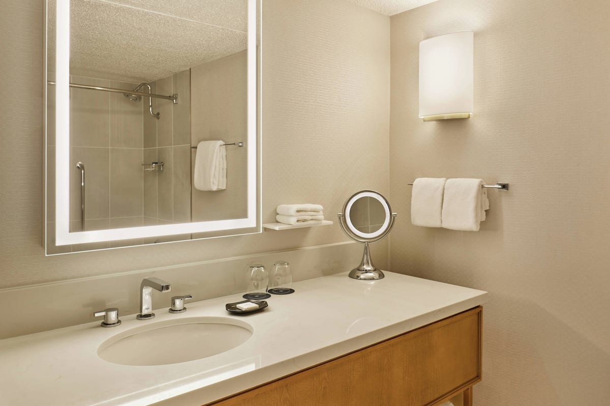combined shower/bathtub, eco-friendly toiletries, hair dryer, towels